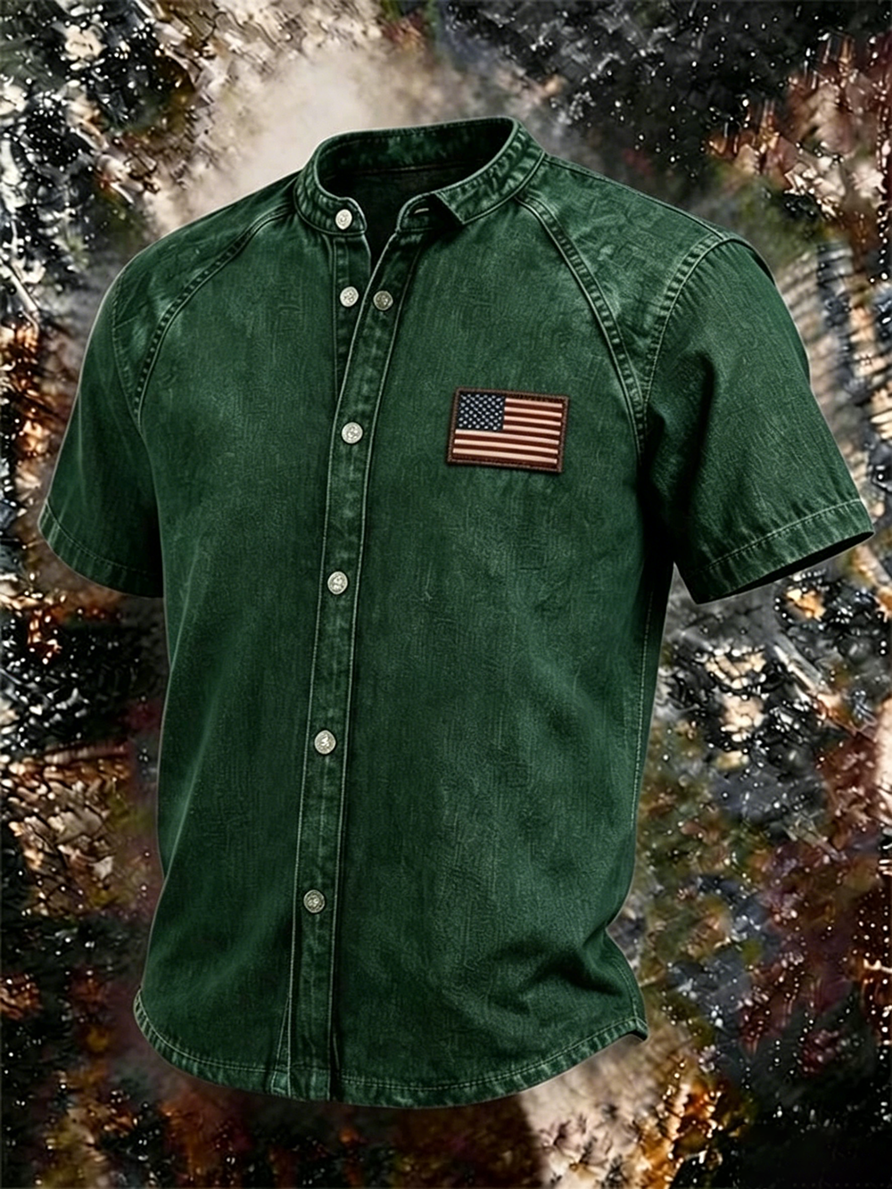 Men's Vintage Washed Denim Stand Collar Shirt, American Flag Patch Short Sleeve Button Down Casual Western Top