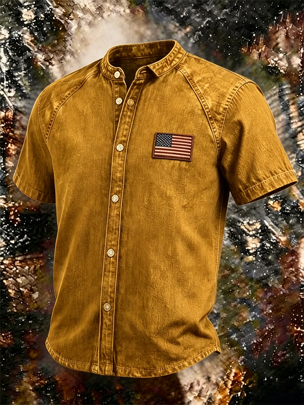 Men's Vintage Washed Denim Stand Collar Shirt, American Flag Patch Short Sleeve Button Down Casual Western Top