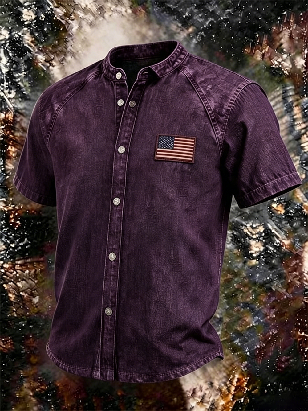 Men's Vintage Washed Denim Stand Collar Shirt, American Flag Patch Short Sleeve Button Down Casual Western Top
