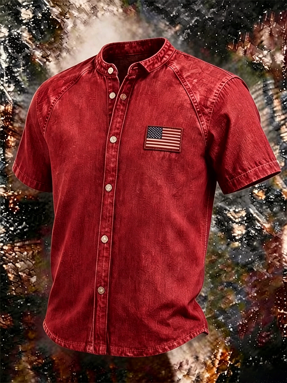 Men's Vintage Washed Denim Stand Collar Shirt, American Flag Patch Short Sleeve Button Down Casual Western Top