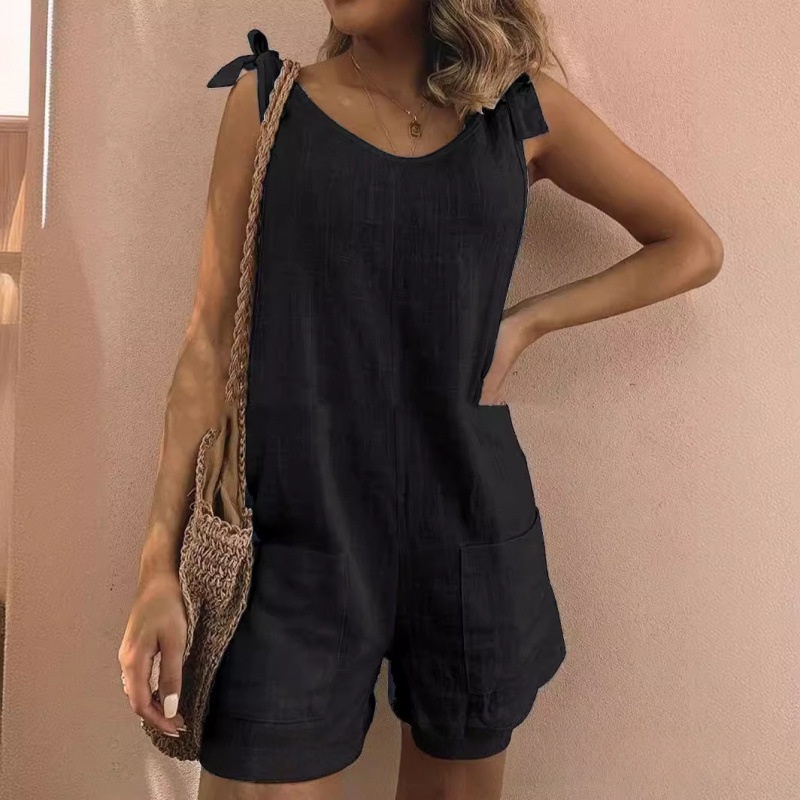 Women Overalls Romper Casual Sleeveless Knot Tie Strap Jumpsuits Shorts Solid Color Summer Beach Outfits with Pockets