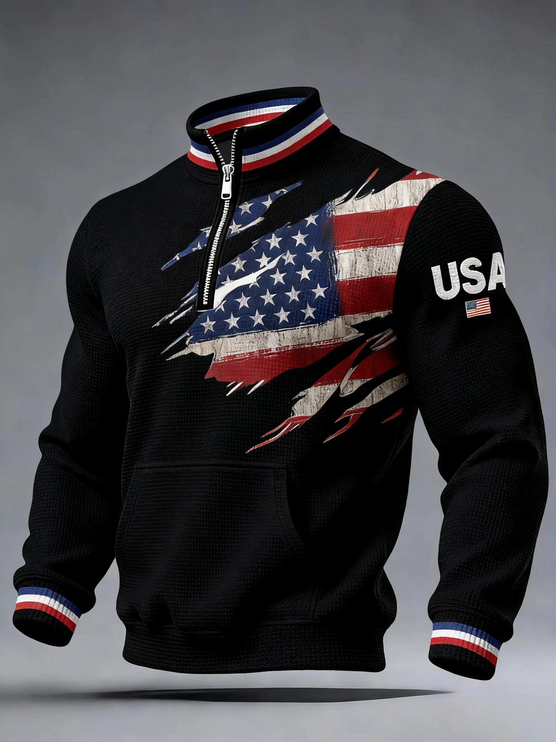 Anniversary Casual Printed Stand Collar Zip Waffle Sweatshirt