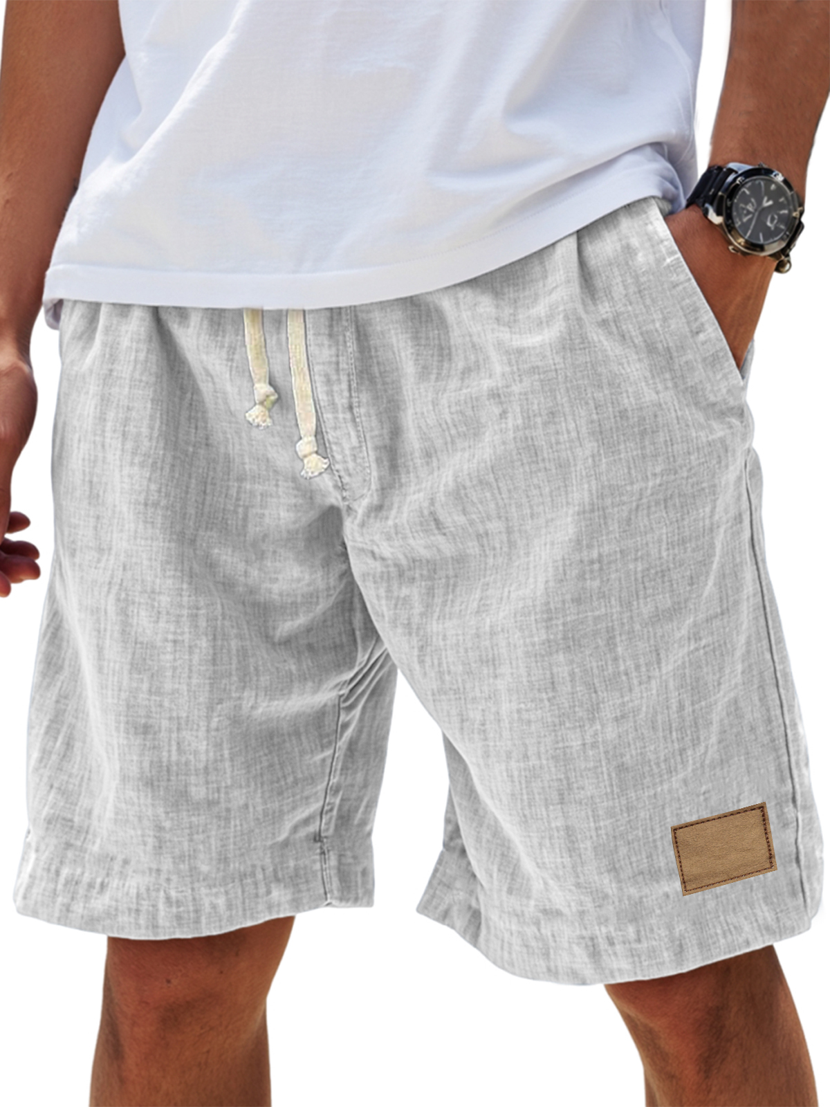 Men's Breathable Linen Embroidered Logo Loose Holiday Shorts