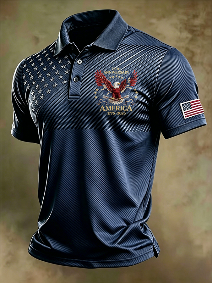 Men’s Ice Feel Patriotic Flag Print Polo Shirt – Sweat-Wicking Summer Performance Polo