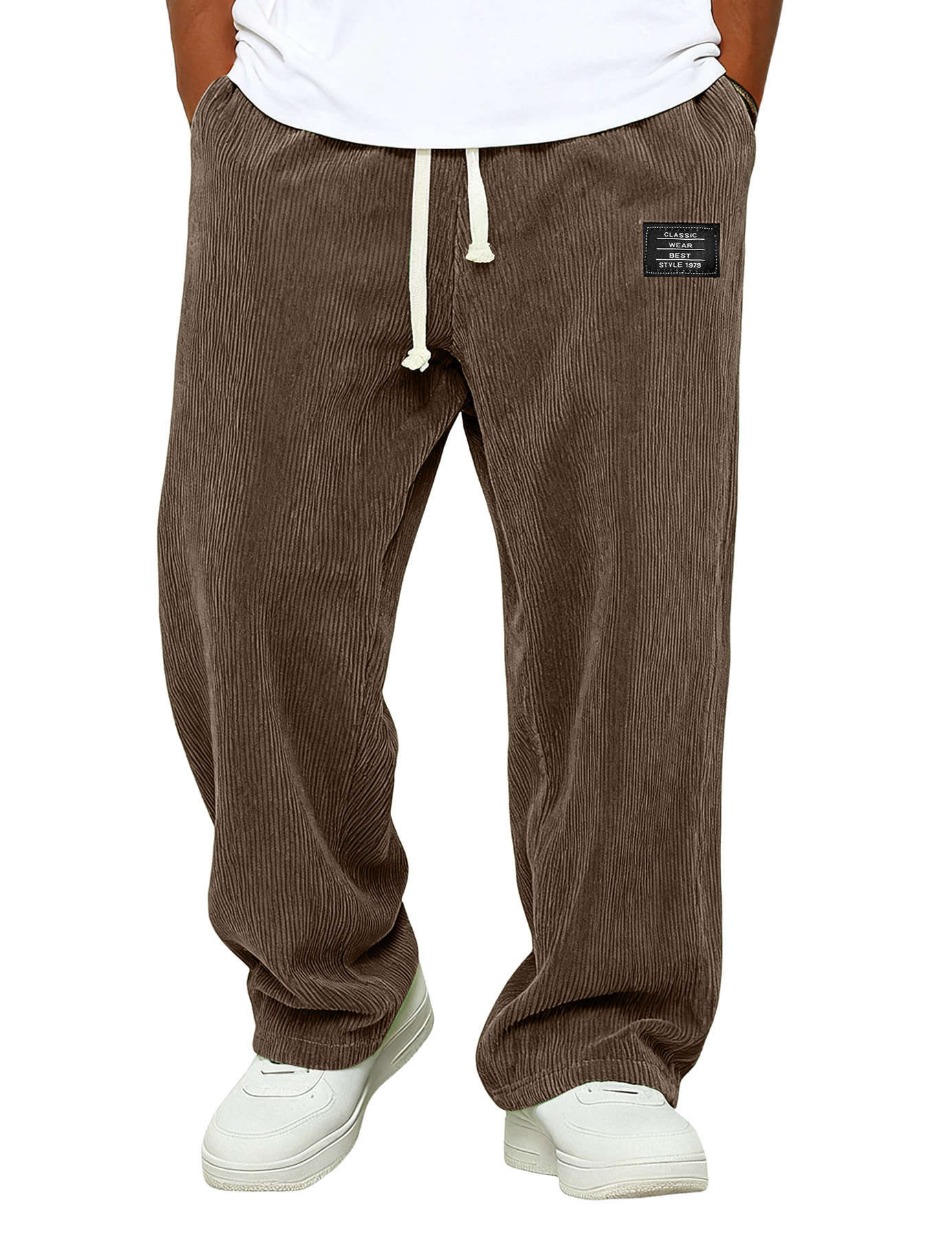 Simple Corduroy Embroidered Logo Loose-fitting Trousers With Elastic Waist