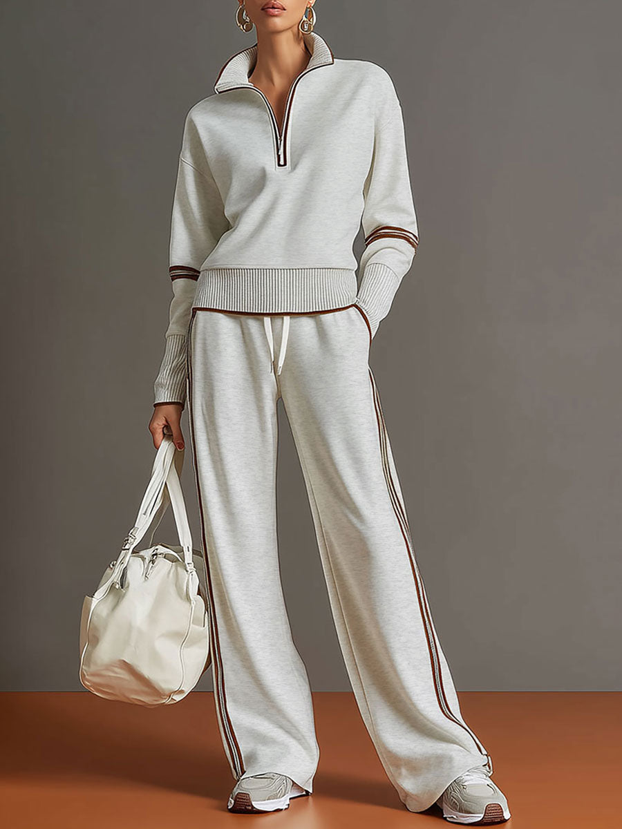 Women Striped Trim Half Zip Sweatshirt Wide Leg Pants Two Piece Tracksuit, Casual Soft Loungewear Set