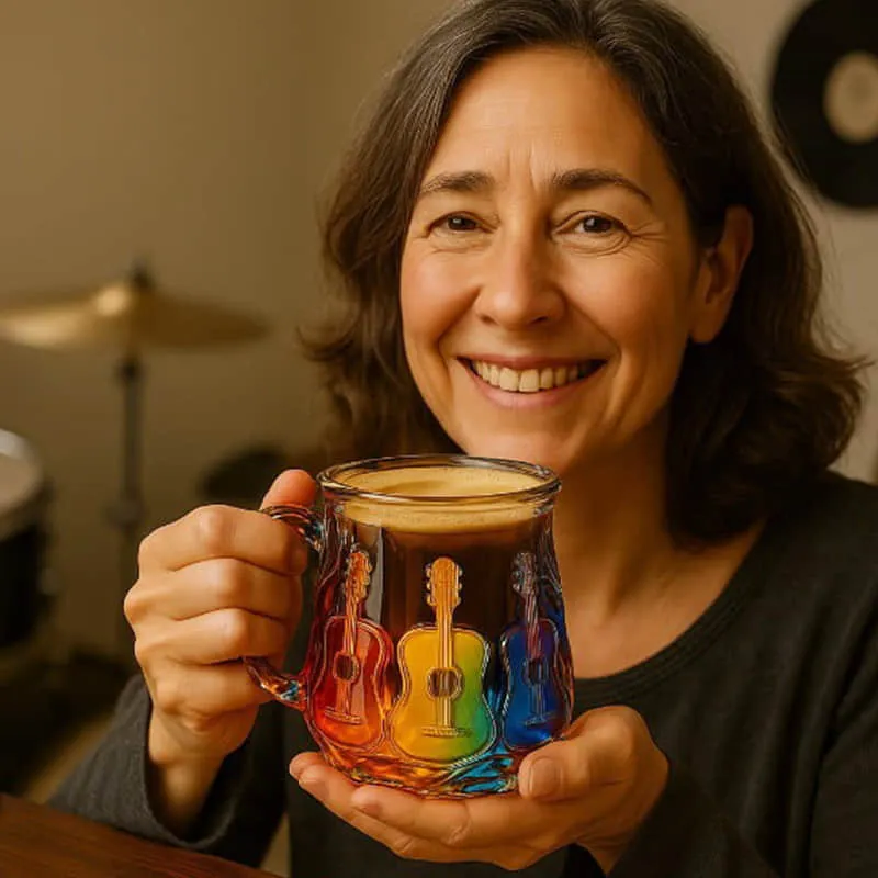 Guitar Coffee Mug - Novelty 3D Guitar Coffee Cup | Funny Music Themed Handmade Colored Glass Water Mug | Rainbow Art Music Glass Drinking Cup for Musicians Guitarist (A)