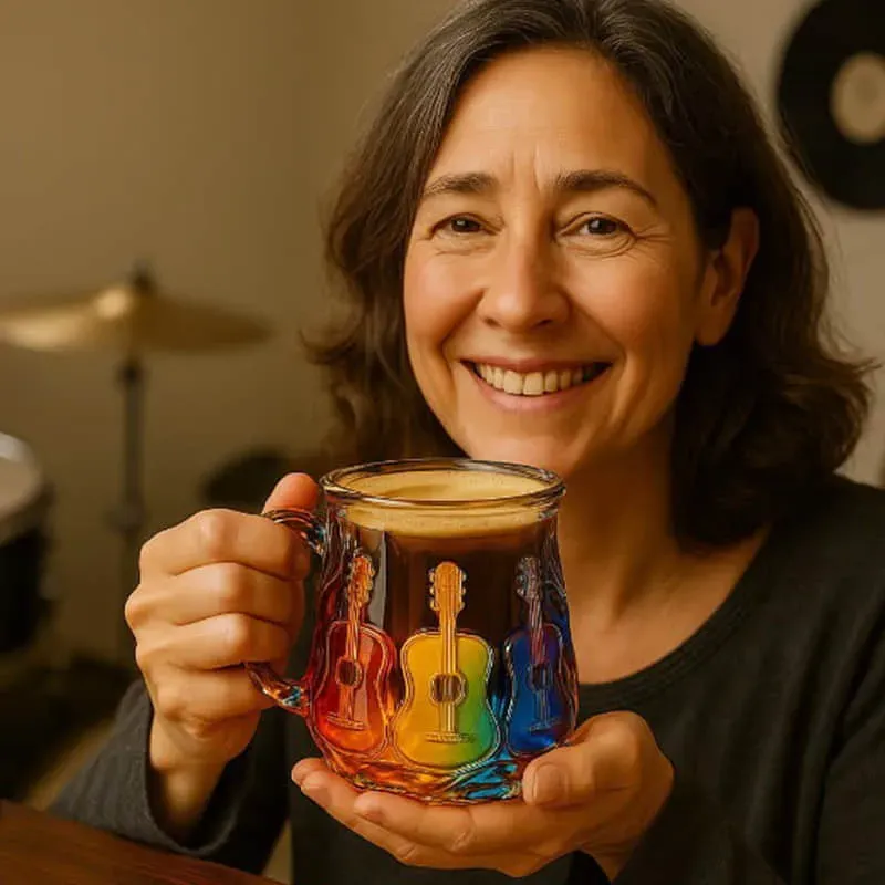 Guitar Coffee Mug - Novelty 3D Guitar Coffee Cup | Funny Music Themed Handmade Colored Glass Water Mug | Rainbow Art Music Glass Drinking Cup for Musicians Guitarist (A)