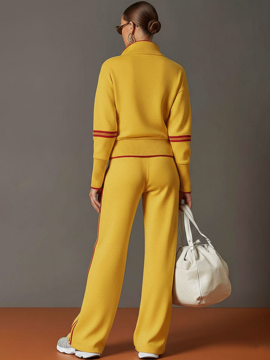 Women Striped Trim Half Zip Sweatshirt Wide Leg Pants Two Piece Tracksuit, Casual Soft Loungewear Set