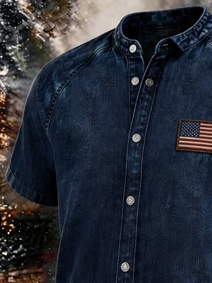 Men's Vintage Washed Denim Stand Collar Shirt, American Flag Patch Short Sleeve Button Down Casual Western Top