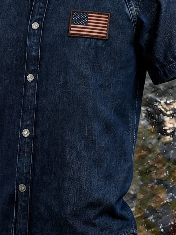 Men's Vintage Washed Denim Stand Collar Shirt, American Flag Patch Short Sleeve Button Down Casual Western Top