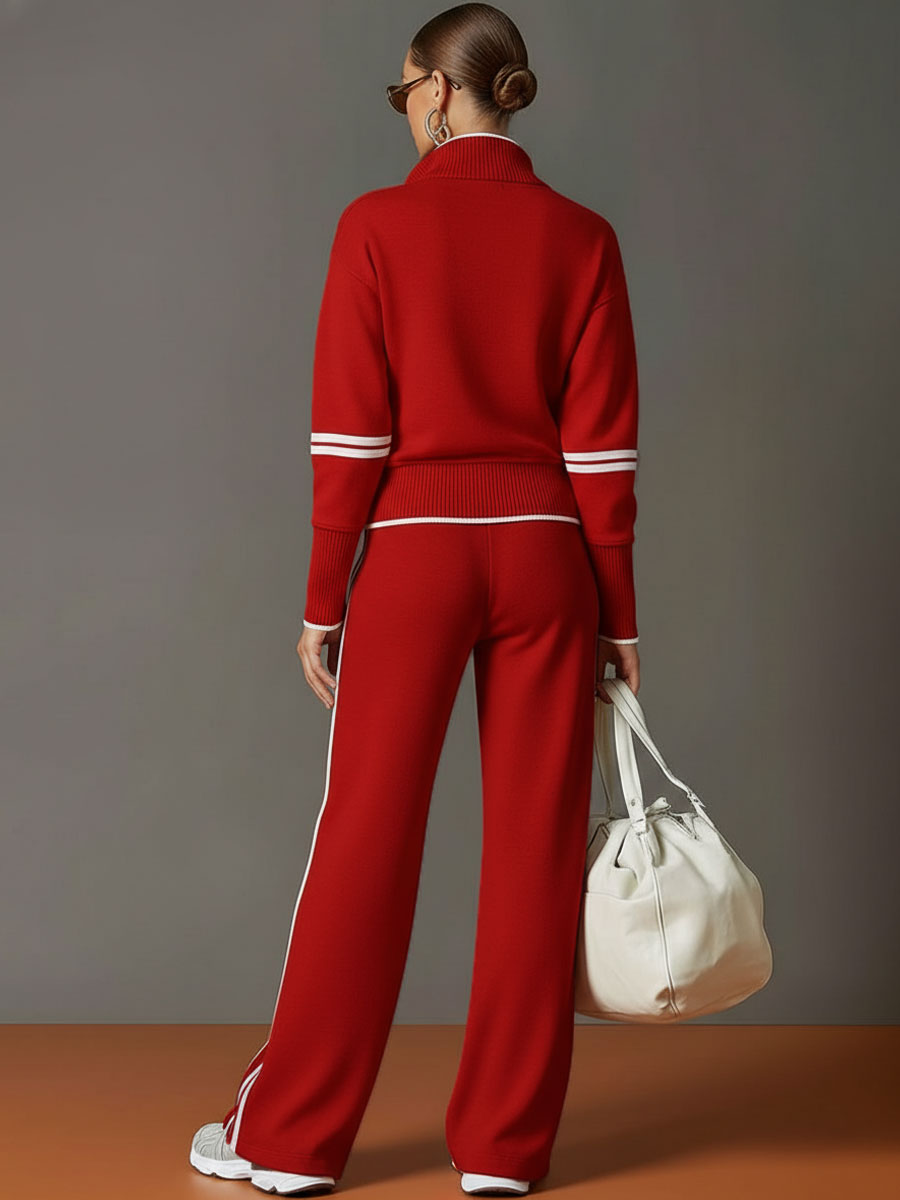 Women Striped Trim Half Zip Sweatshirt Wide Leg Pants Two Piece Tracksuit, Casual Soft Loungewear Set