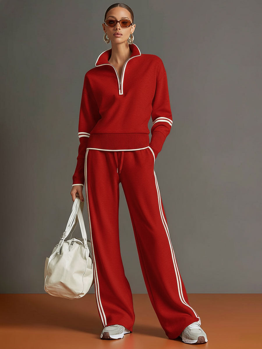 Women Striped Trim Half Zip Sweatshirt Wide Leg Pants Two Piece Tracksuit, Casual Soft Loungewear Set
