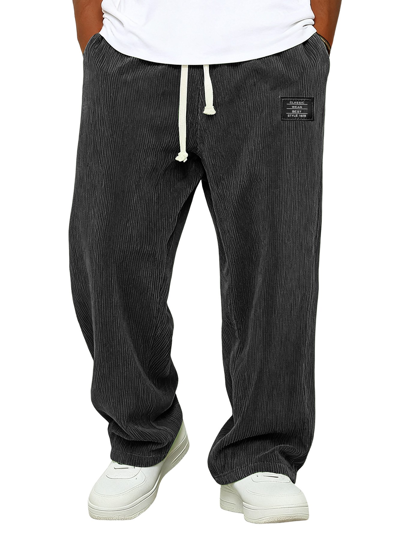 Simple Corduroy Embroidered Logo Loose-fitting Trousers With Elastic Waist