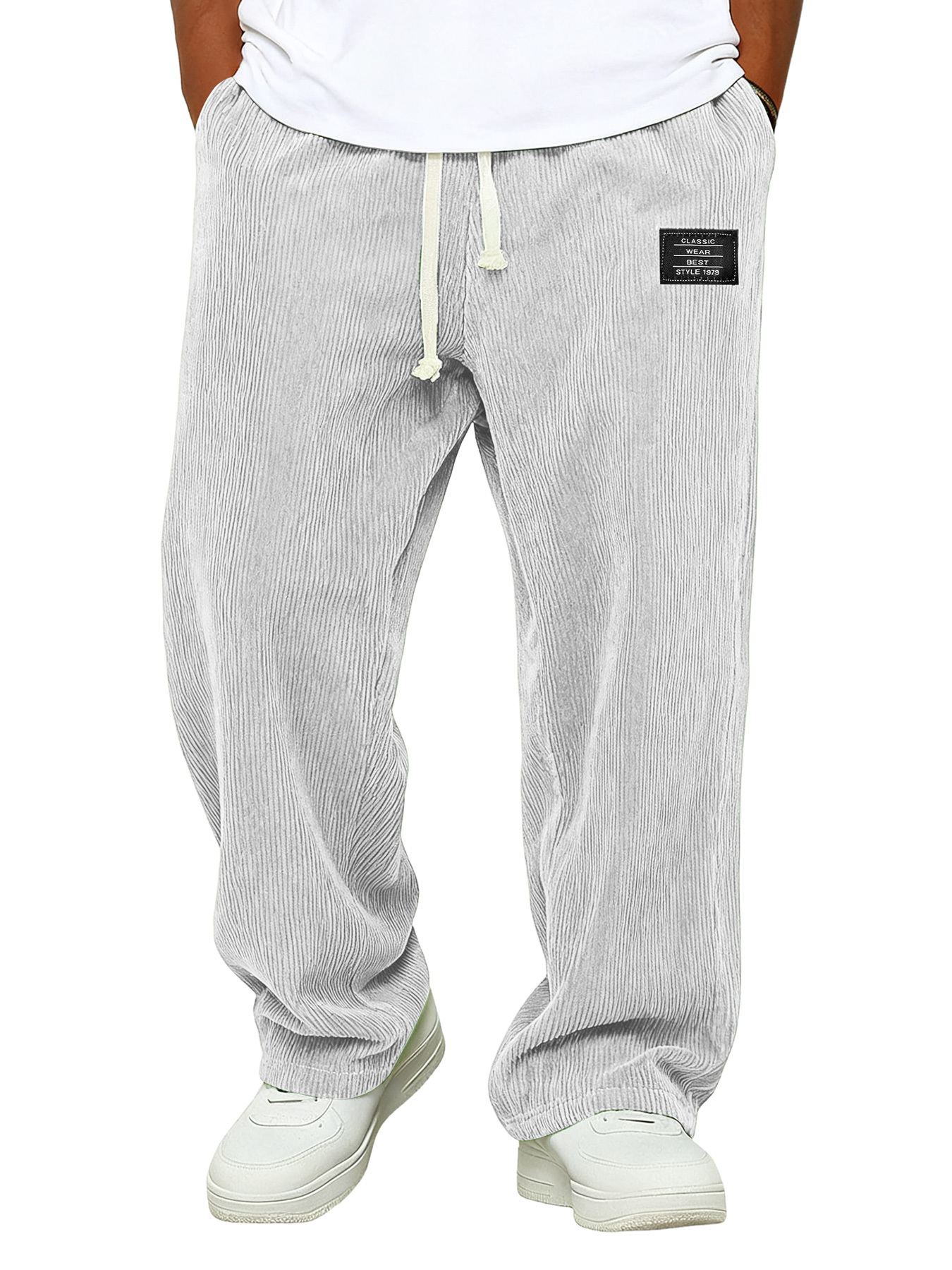 Simple Corduroy Embroidered Logo Loose-fitting Trousers With Elastic Waist