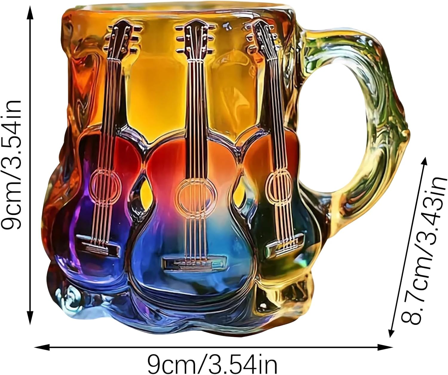 Guitar Coffee Mug - Novelty 3D Guitar Coffee Cup | Funny Music Themed Handmade Colored Glass Water Mug | Rainbow Art Music Glass Drinking Cup for Musicians Guitarist (A)