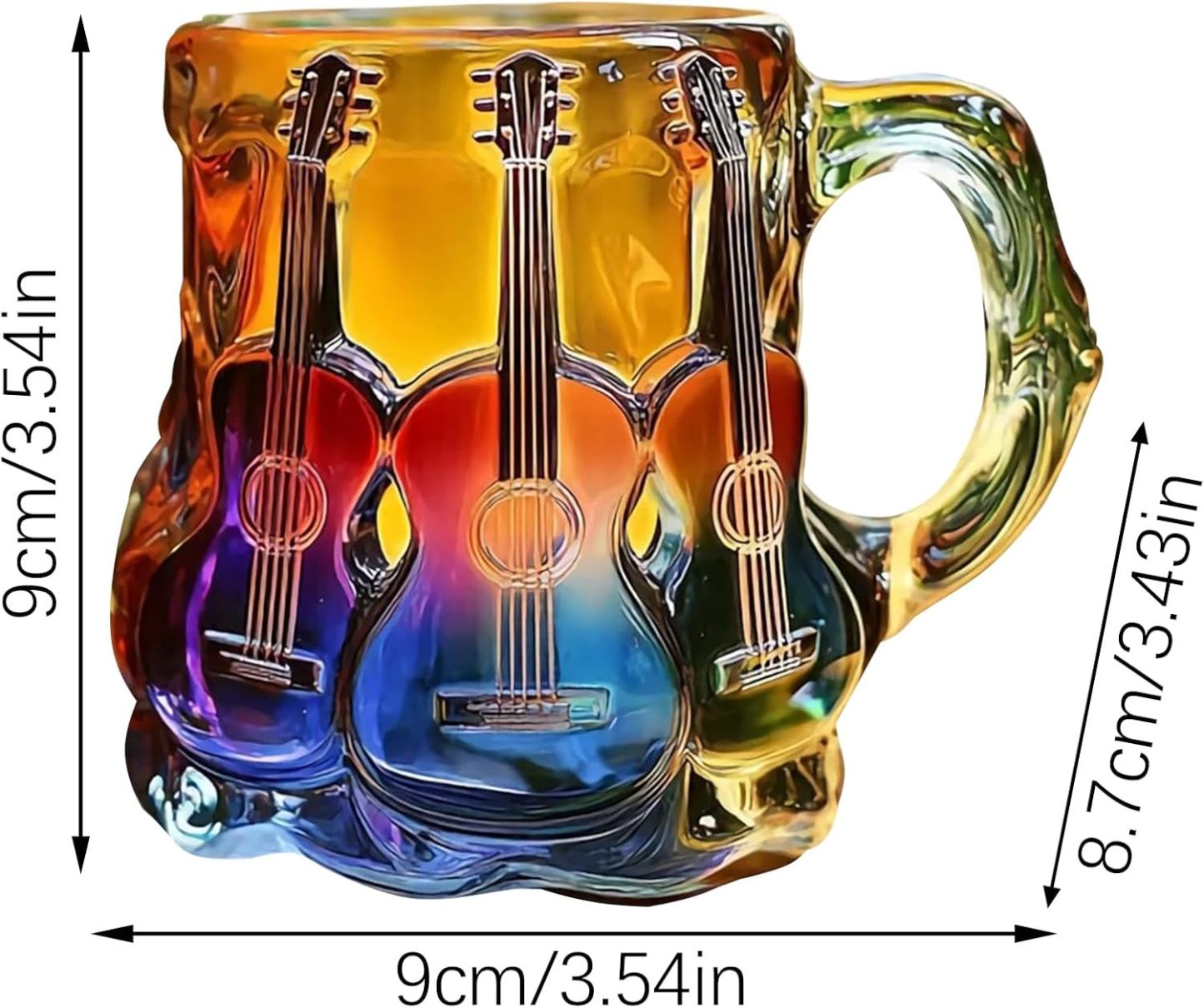 Guitar Coffee Mug - Novelty 3D Guitar Coffee Cup | Funny Music Themed Handmade Colored Glass Water Mug | Rainbow Art Music Glass Drinking Cup for Musicians Guitarist (A)