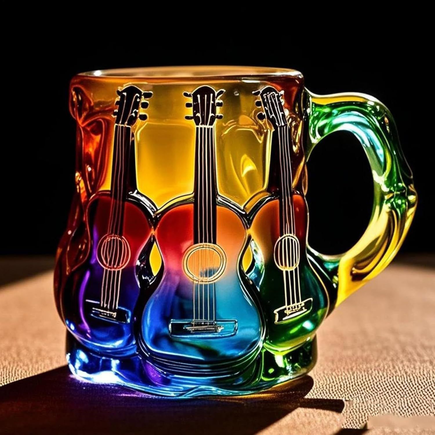 Guitar Coffee Mug - Novelty 3D Guitar Coffee Cup | Funny Music Themed Handmade Colored Glass Water Mug | Rainbow Art Music Glass Drinking Cup for Musicians Guitarist (A)