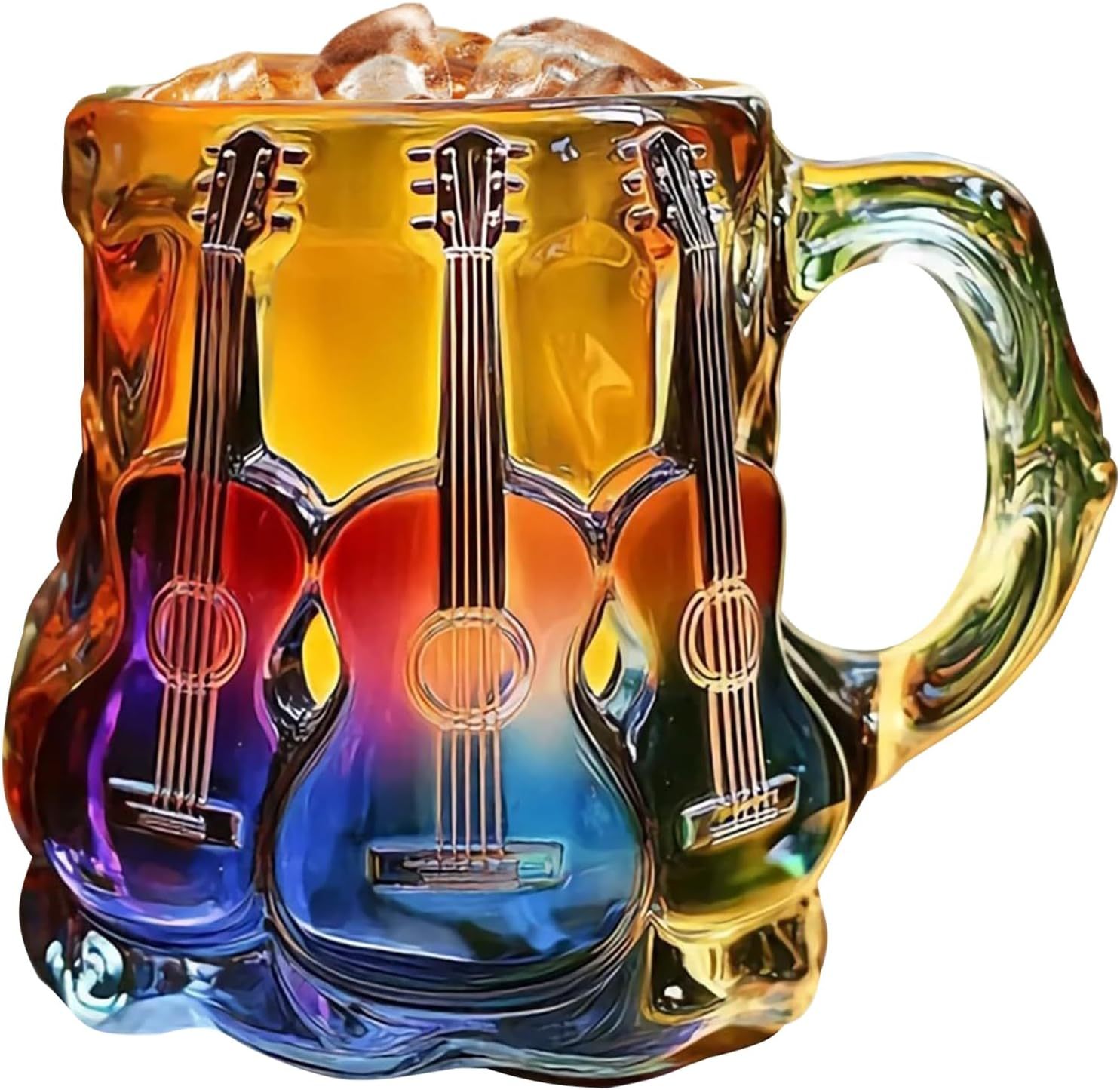Guitar Coffee Mug - Novelty 3D Guitar Coffee Cup | Funny Music Themed Handmade Colored Glass Water Mug | Rainbow Art Music Glass Drinking Cup for Musicians Guitarist (A)