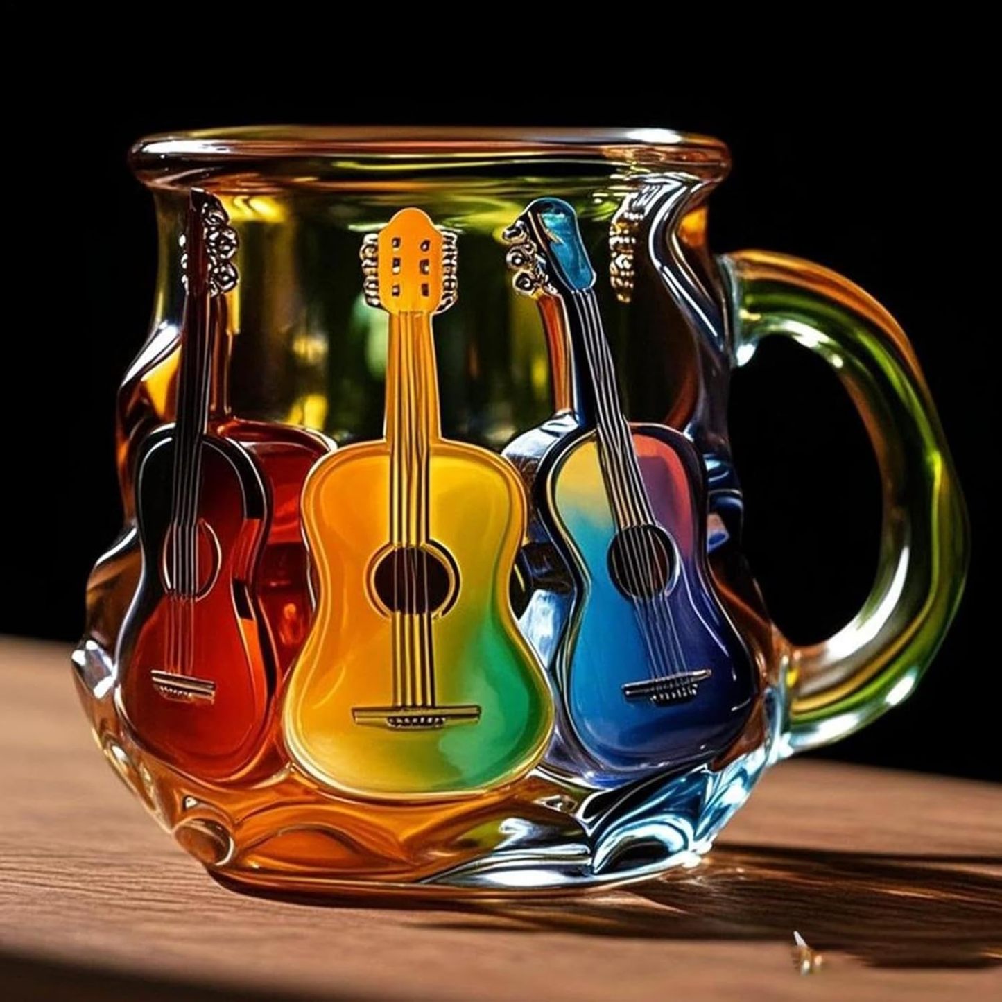 Guitar Coffee Mug - Novelty 3D Guitar Coffee Cup | Funny Music Themed Handmade Colored Glass Water Mug | Rainbow Art Music Glass Drinking Cup for Musicians Guitarist (A)