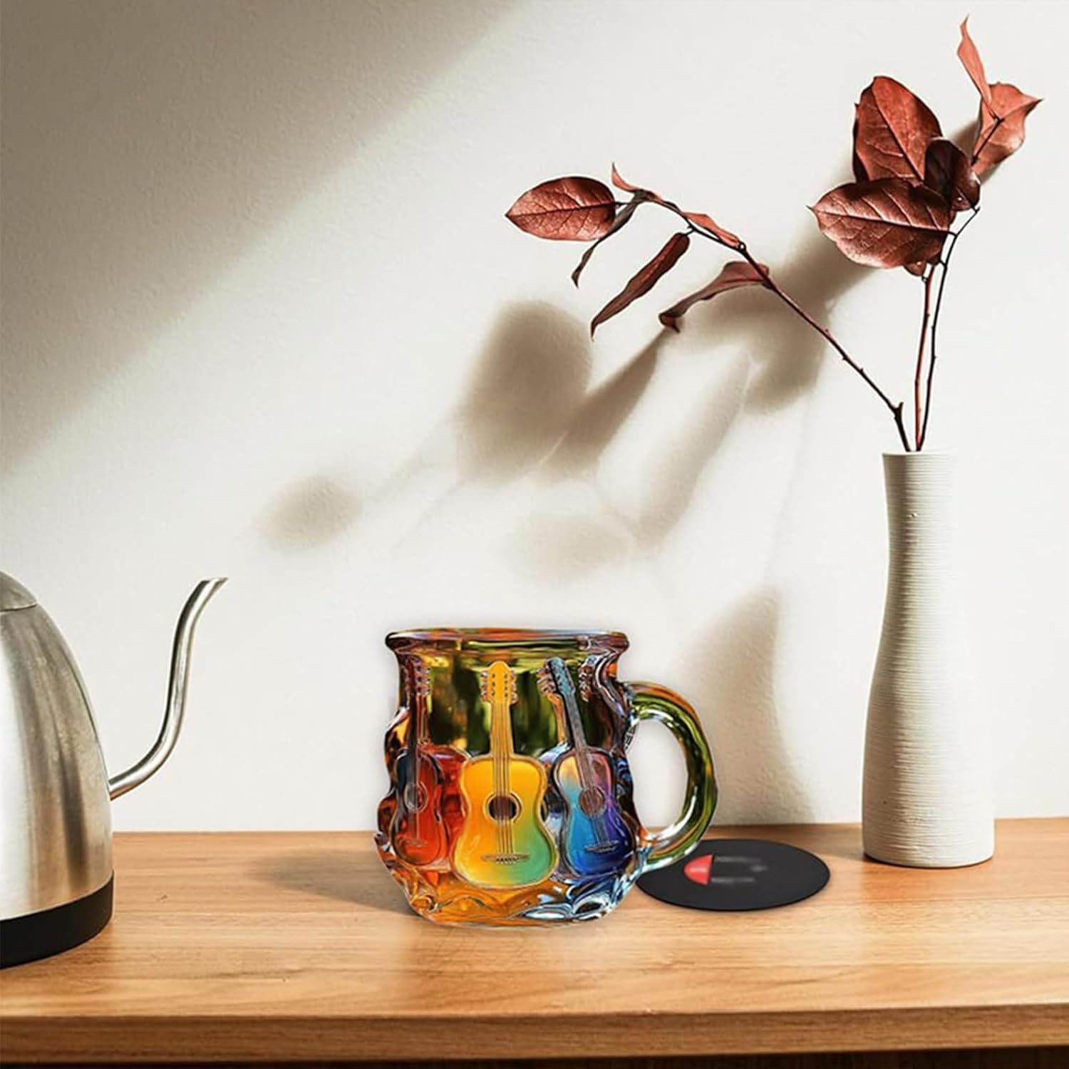 Guitar Coffee Mug - Novelty 3D Guitar Coffee Cup | Funny Music Themed Handmade Colored Glass Water Mug | Rainbow Art Music Glass Drinking Cup for Musicians Guitarist (A)