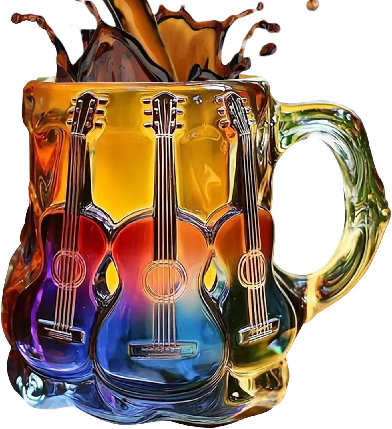 Guitar Coffee Mug - Novelty 3D Guitar Coffee Cup | Funny Music Themed Handmade Colored Glass Water Mug | Rainbow Art Music Glass Drinking Cup for Musicians Guitarist (A)