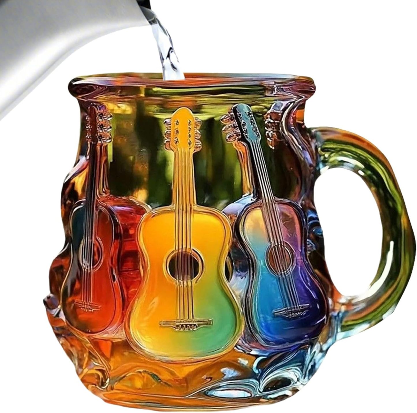 Guitar Coffee Mug - Novelty 3D Guitar Coffee Cup | Funny Music Themed Handmade Colored Glass Water Mug | Rainbow Art Music Glass Drinking Cup for Musicians Guitarist (A)
