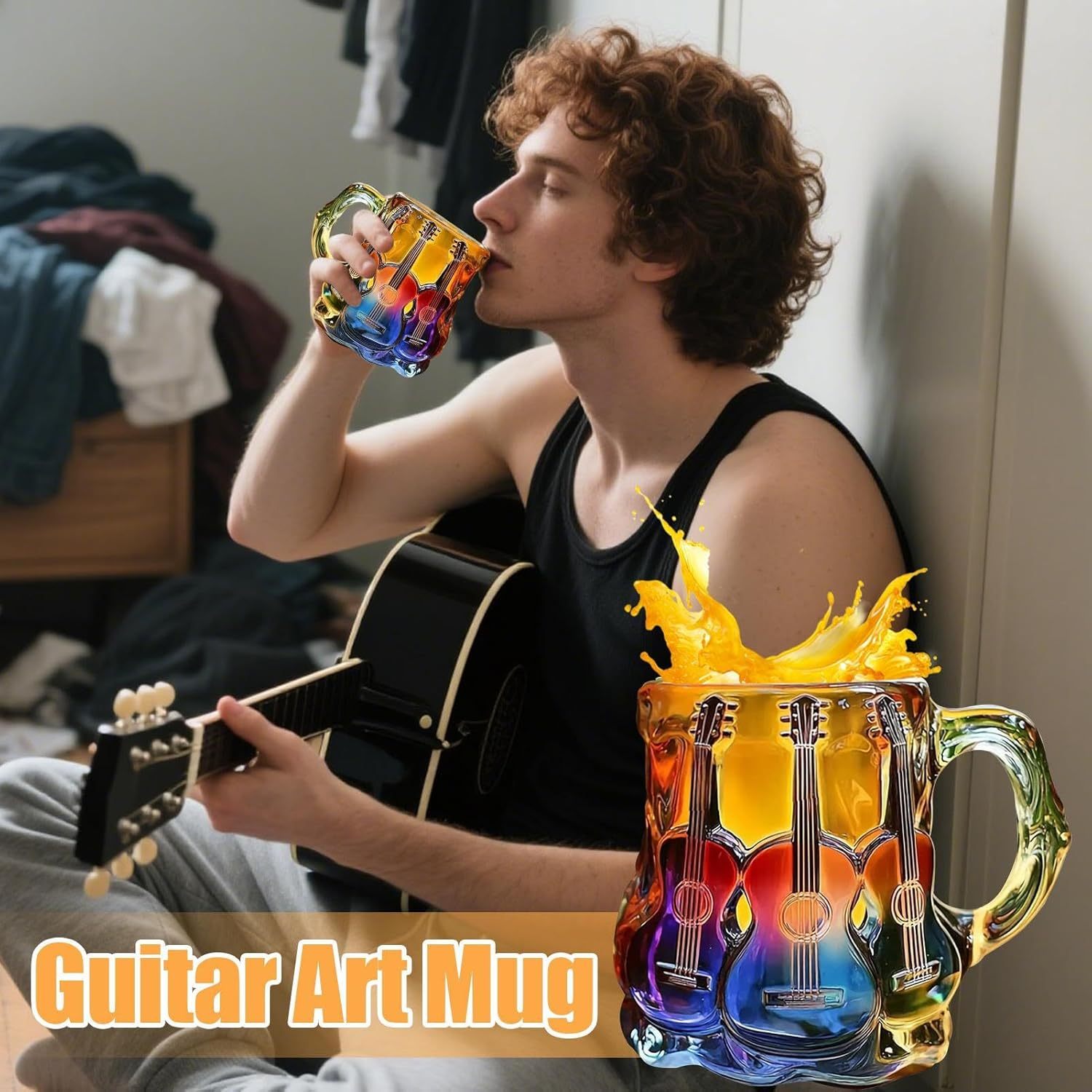 Guitar Coffee Mug - Novelty 3D Guitar Coffee Cup | Funny Music Themed Handmade Colored Glass Water Mug | Rainbow Art Music Glass Drinking Cup for Musicians Guitarist (A)