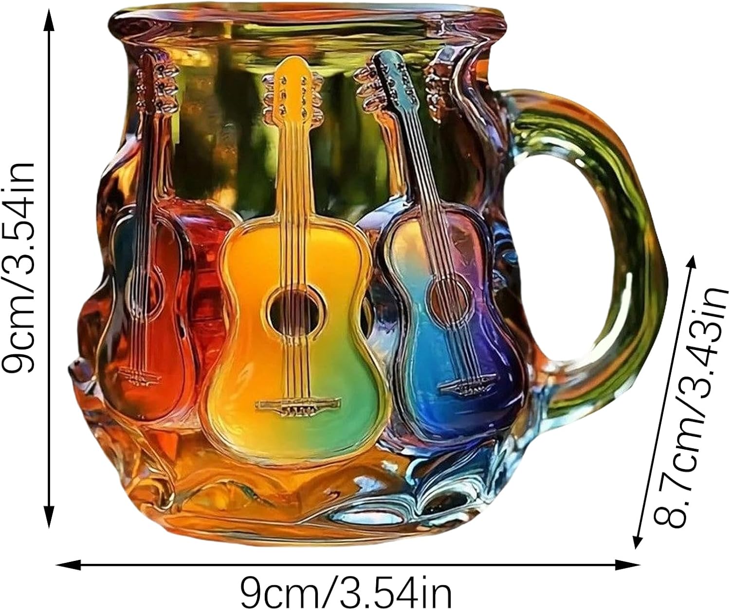Guitar Coffee Mug - Novelty 3D Guitar Coffee Cup | Funny Music Themed Handmade Colored Glass Water Mug | Rainbow Art Music Glass Drinking Cup for Musicians Guitarist (A)