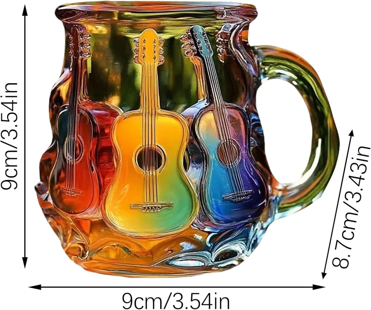 Guitar Coffee Mug - Novelty 3D Guitar Coffee Cup | Funny Music Themed Handmade Colored Glass Water Mug | Rainbow Art Music Glass Drinking Cup for Musicians Guitarist (A)