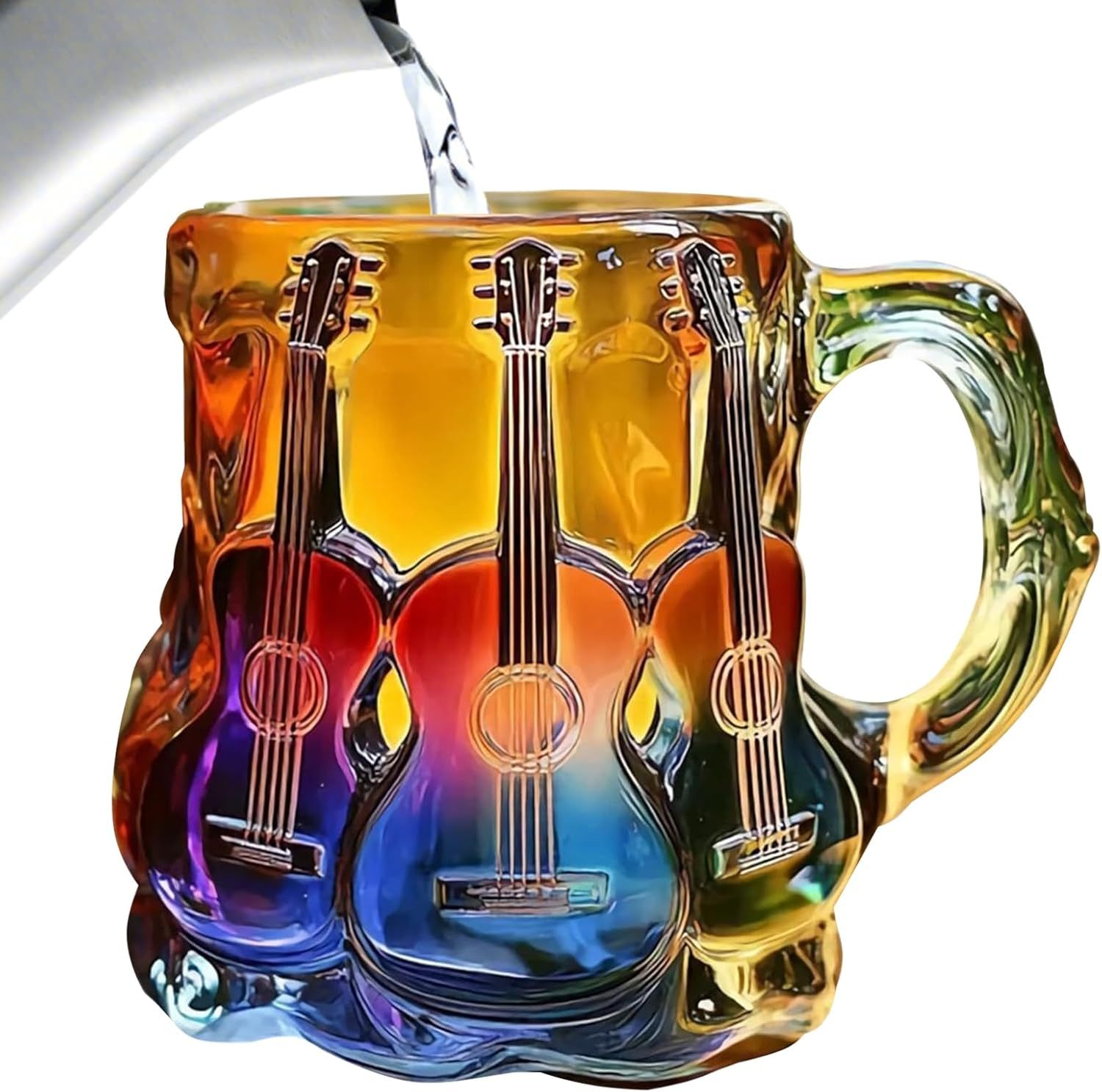 Guitar Coffee Mug - Novelty 3D Guitar Coffee Cup | Funny Music Themed Handmade Colored Glass Water Mug | Rainbow Art Music Glass Drinking Cup for Musicians Guitarist (A)