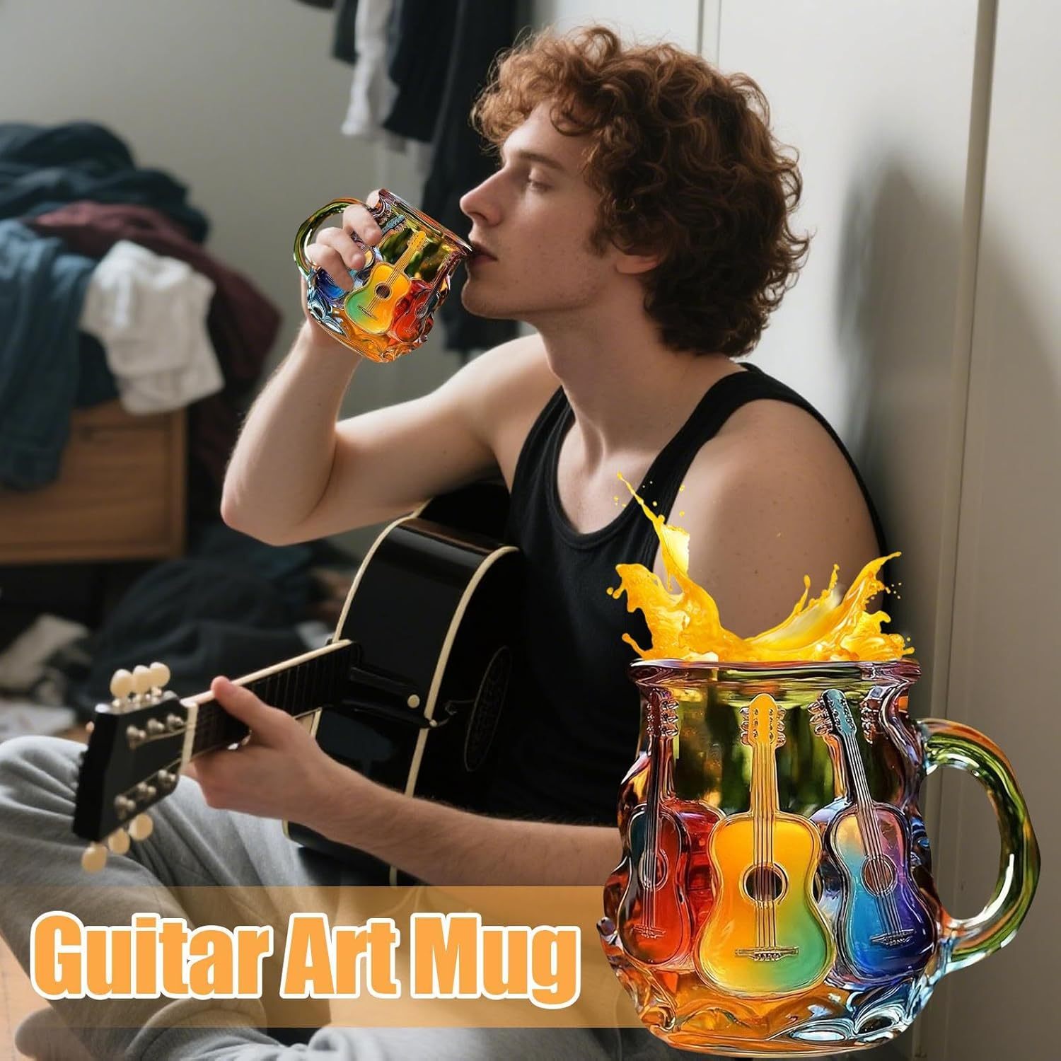 Guitar Coffee Mug - Novelty 3D Guitar Coffee Cup | Funny Music Themed Handmade Colored Glass Water Mug | Rainbow Art Music Glass Drinking Cup for Musicians Guitarist (A)