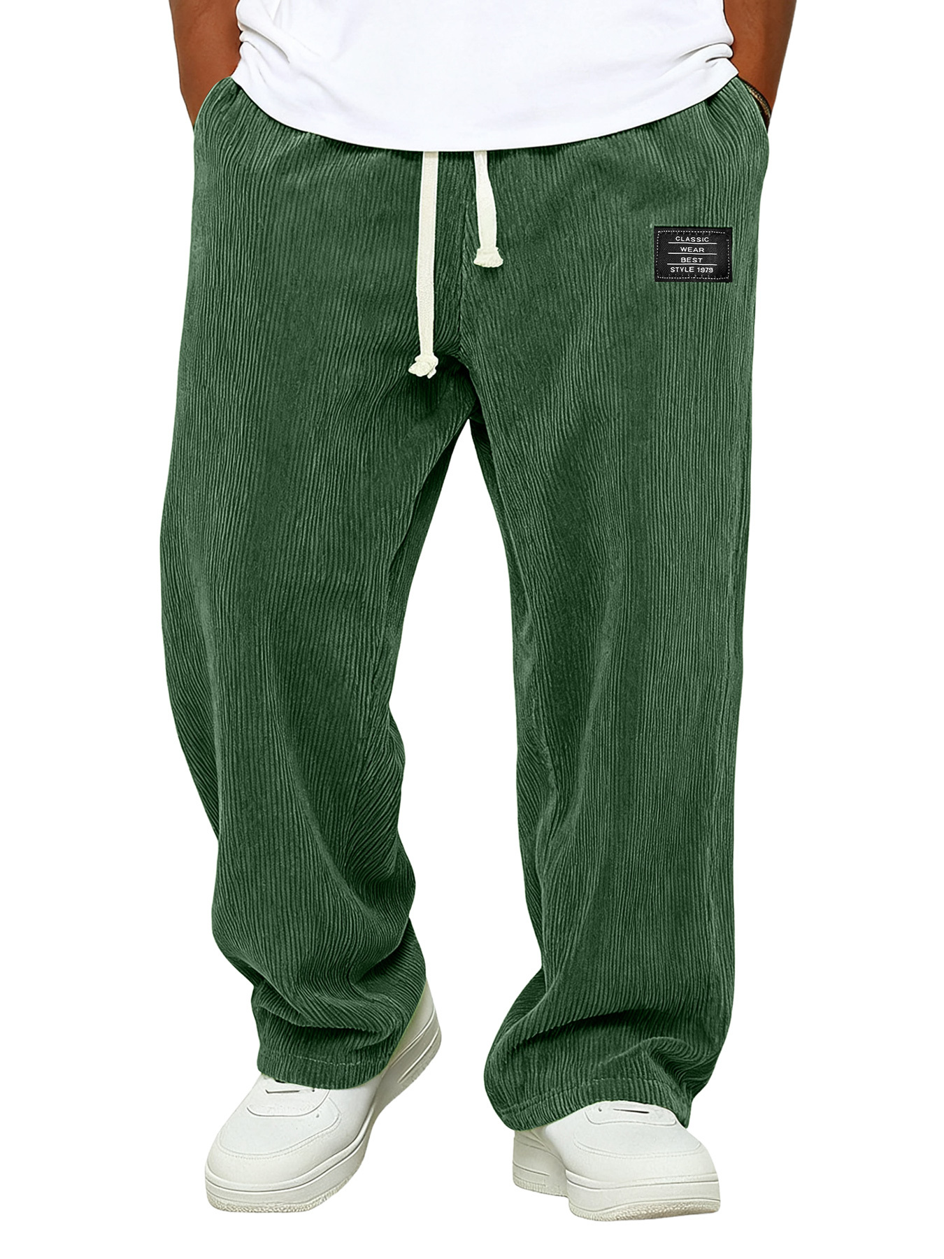 Simple Corduroy Embroidered Logo Loose-fitting Trousers With Elastic Waist