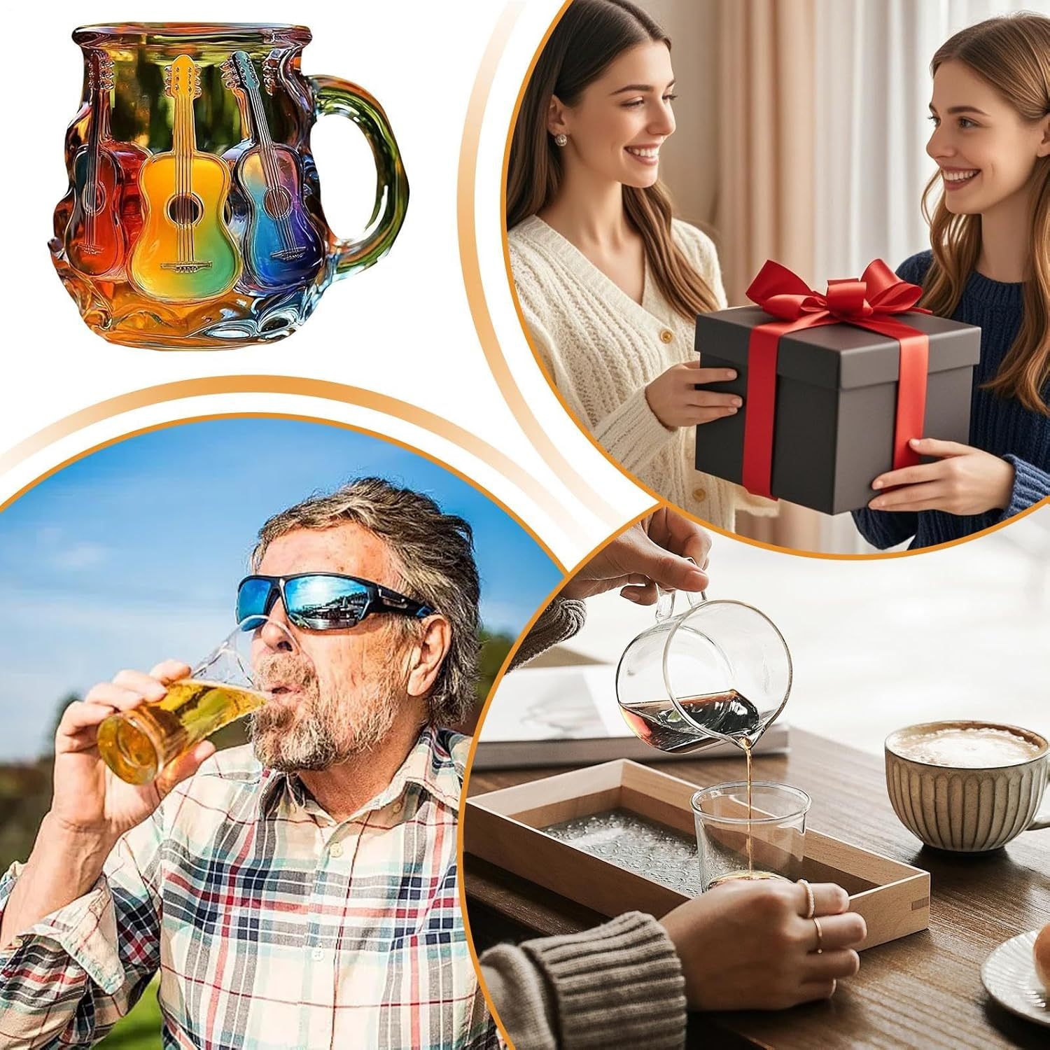 Guitar Coffee Mug - Novelty 3D Guitar Coffee Cup | Funny Music Themed Handmade Colored Glass Water Mug | Rainbow Art Music Glass Drinking Cup for Musicians Guitarist (A)