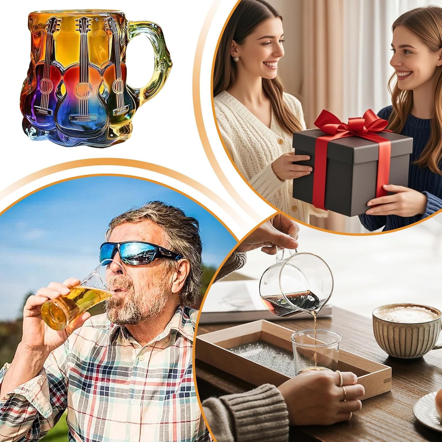 Guitar Coffee Mug - Novelty 3D Guitar Coffee Cup | Funny Music Themed Handmade Colored Glass Water Mug | Rainbow Art Music Glass Drinking Cup for Musicians Guitarist (A)