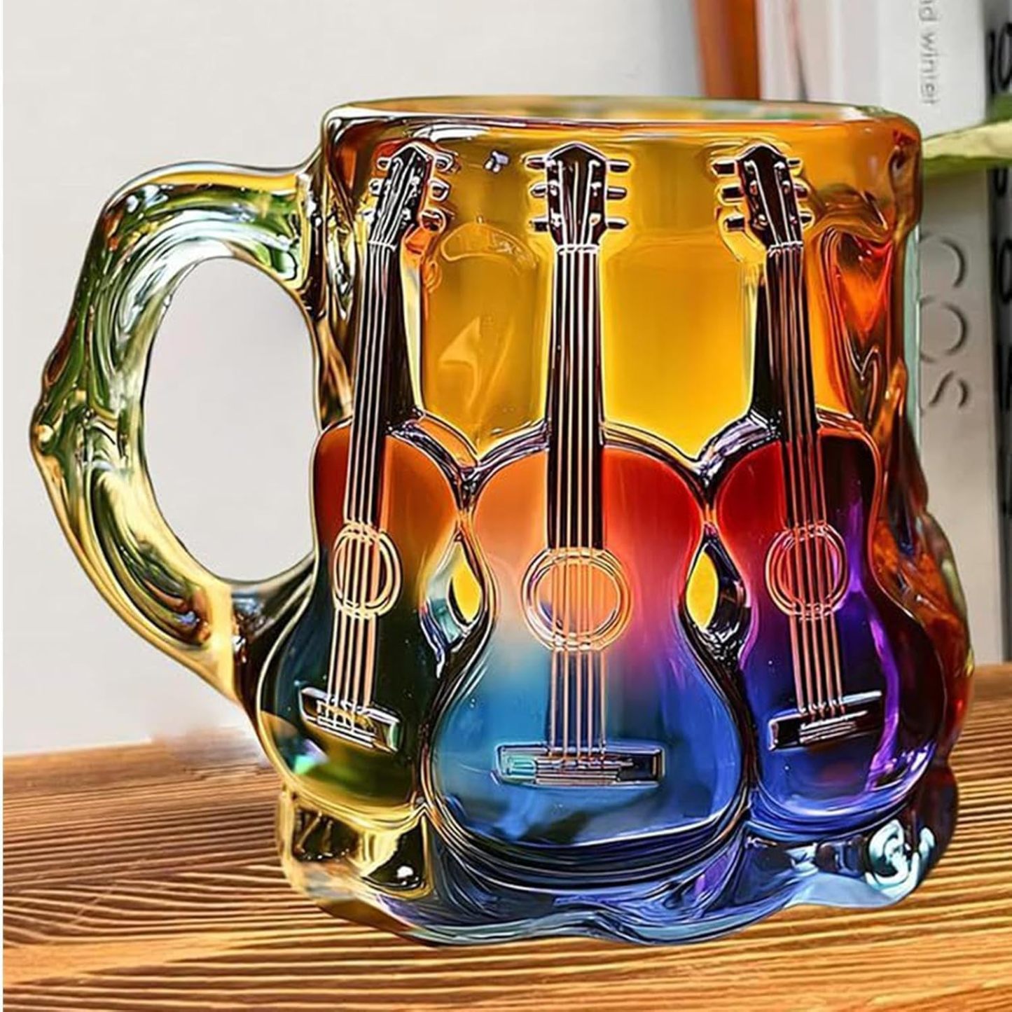 Guitar Coffee Mug - Novelty 3D Guitar Coffee Cup | Funny Music Themed Handmade Colored Glass Water Mug | Rainbow Art Music Glass Drinking Cup for Musicians Guitarist (A)
