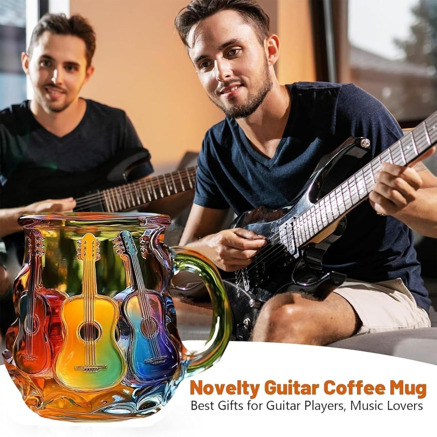 Guitar Coffee Mug - Novelty 3D Guitar Coffee Cup | Funny Music Themed Handmade Colored Glass Water Mug | Rainbow Art Music Glass Drinking Cup for Musicians Guitarist (A)