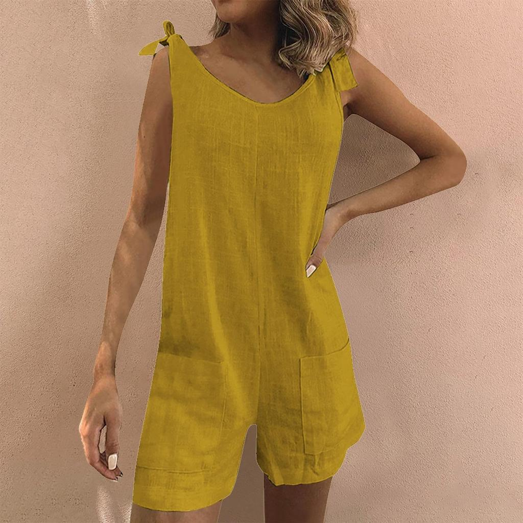 Women Overalls Romper Casual Sleeveless Knot Tie Strap Jumpsuits Shorts Solid Color Summer Beach Outfits with Pockets