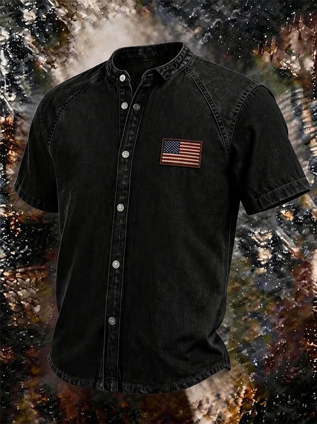 Men's Vintage Washed Denim Stand Collar Shirt, American Flag Patch Short Sleeve Button Down Casual Western Top