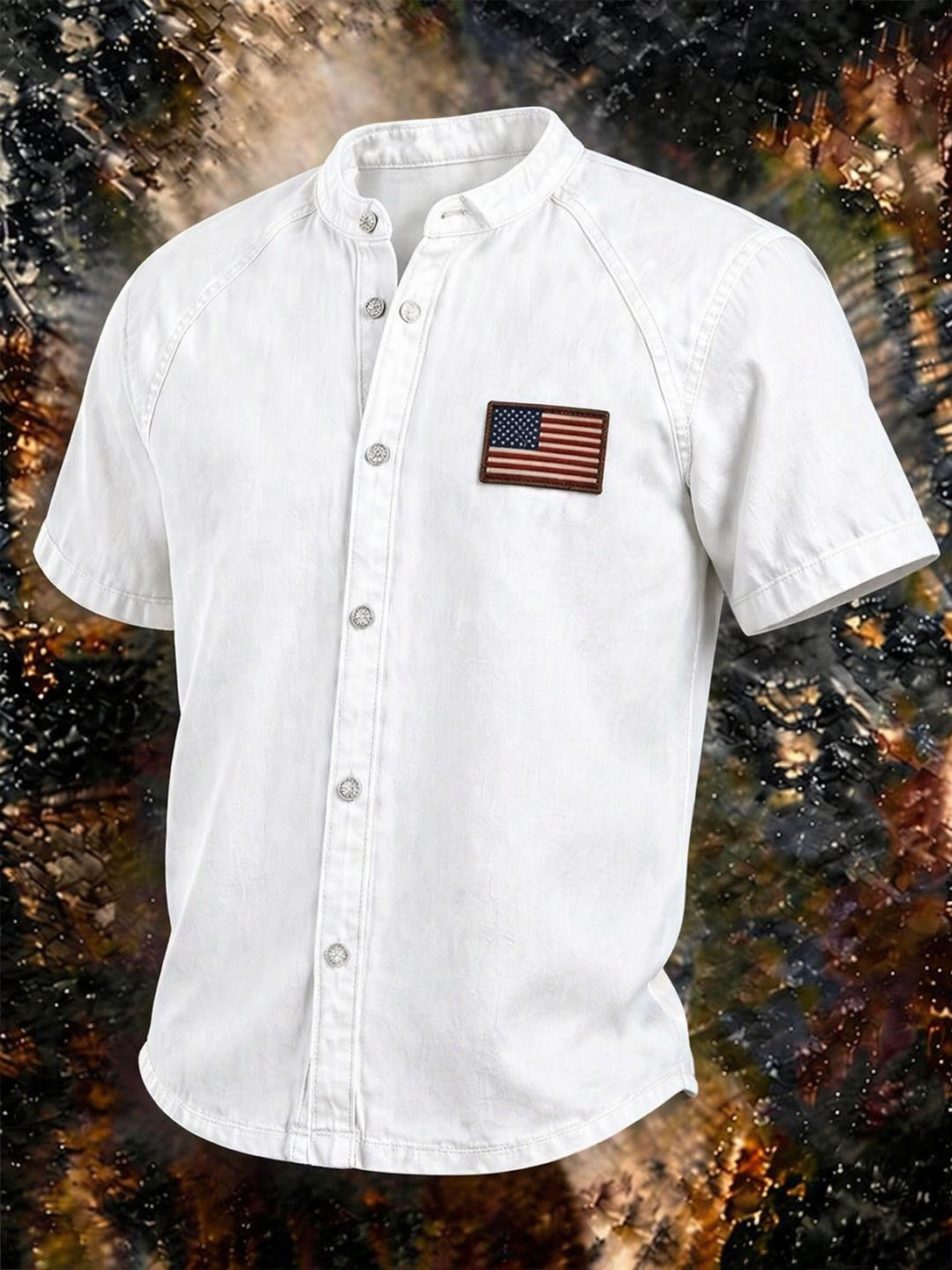 Men's Vintage Washed Denim Stand Collar Shirt, American Flag Patch Short Sleeve Button Down Casual Western Top