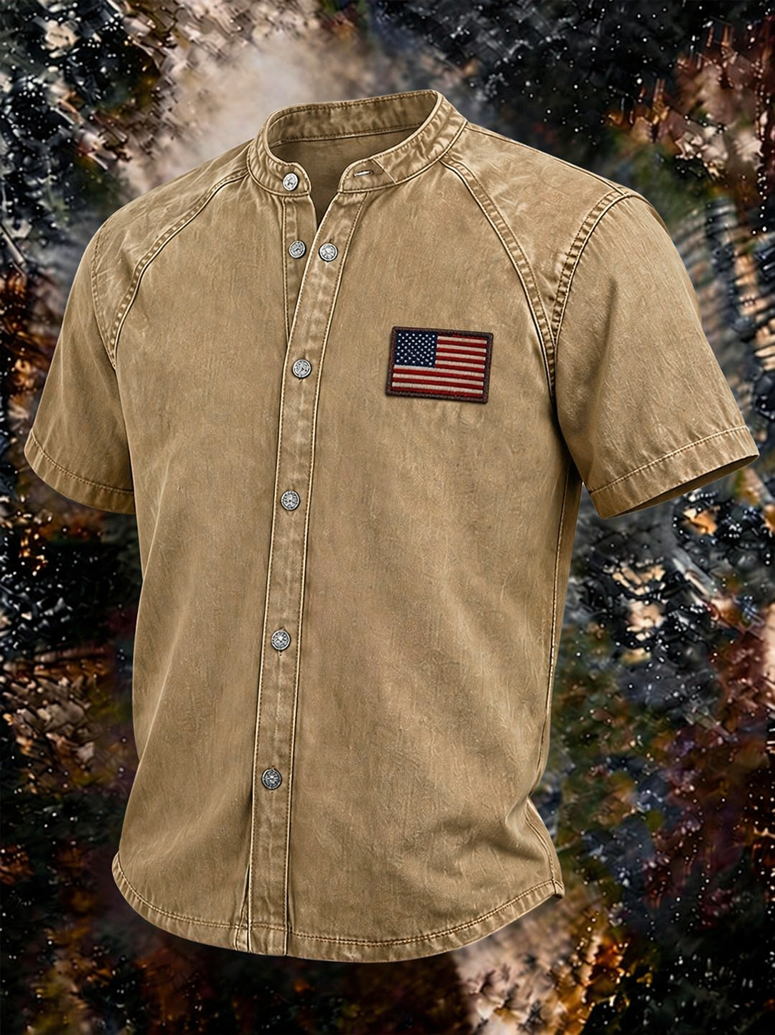 Men's Vintage Washed Denim Stand Collar Shirt, American Flag Patch Short Sleeve Button Down Casual Western Top