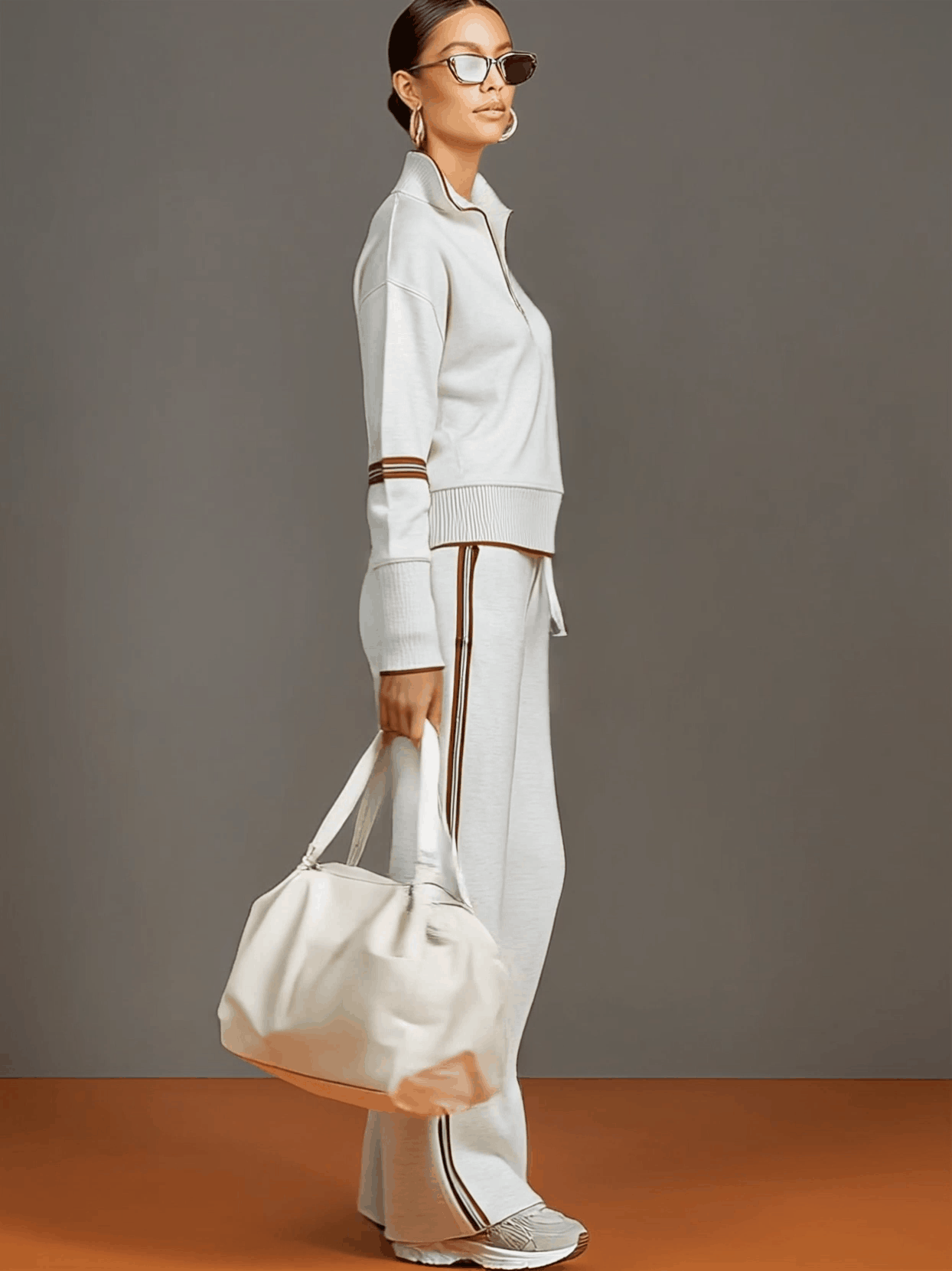 Women Striped Trim Half Zip Sweatshirt Wide Leg Pants Two Piece Tracksuit, Casual Soft Loungewear Set