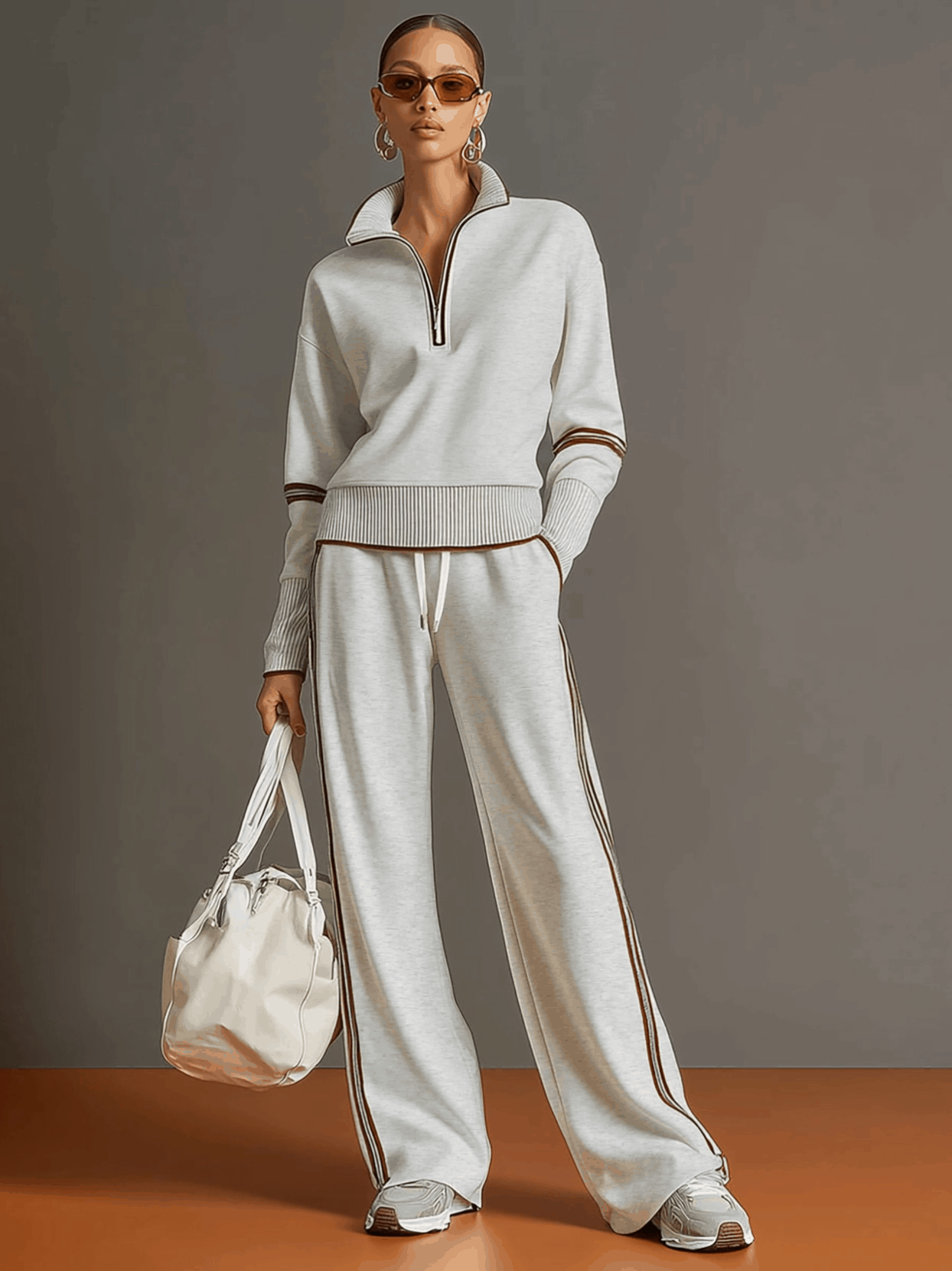 Women Striped Trim Half Zip Sweatshirt Wide Leg Pants Two Piece Tracksuit, Casual Soft Loungewear Set