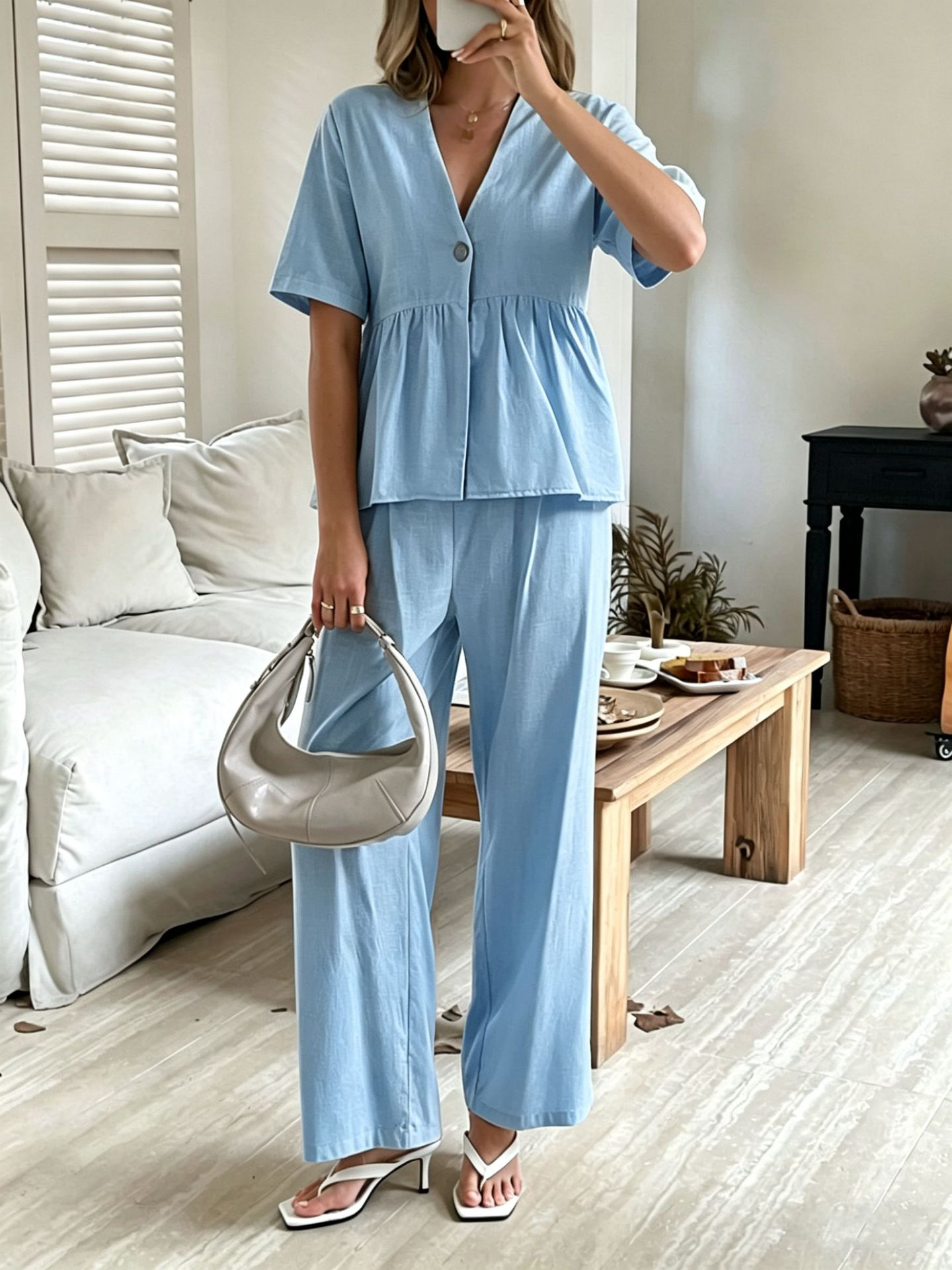 Linea Soft Set – Basque Blouse &amp; Wide Linen Cotton Pants