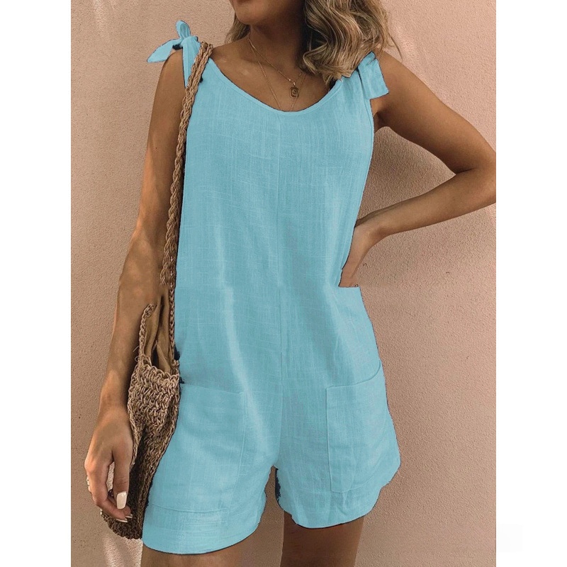 Women Overalls Romper Casual Sleeveless Knot Tie Strap Jumpsuits Shorts Solid Color Summer Beach Outfits with Pockets