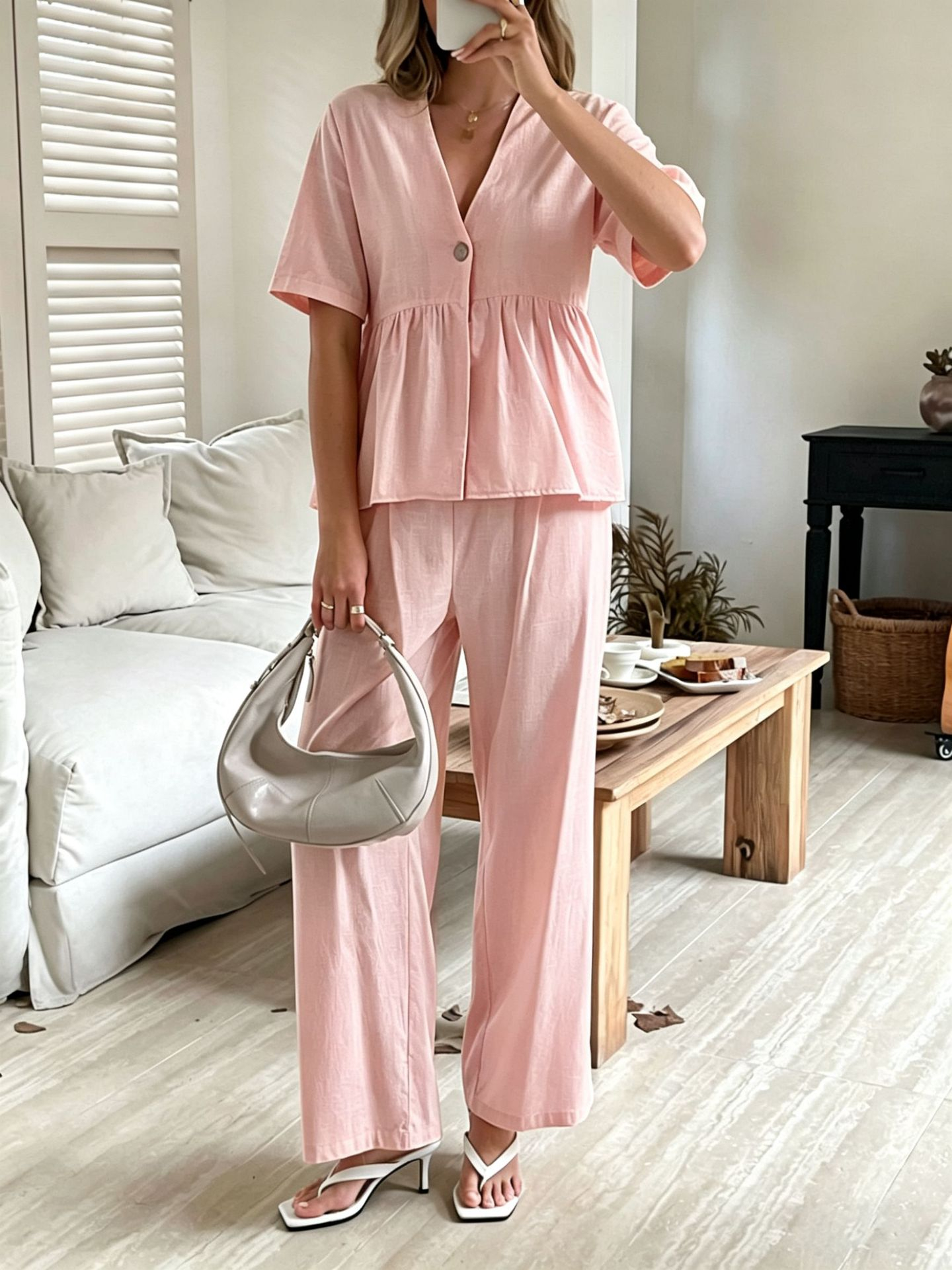 Linea Soft Set – Basque Blouse &amp; Wide Linen Cotton Pants