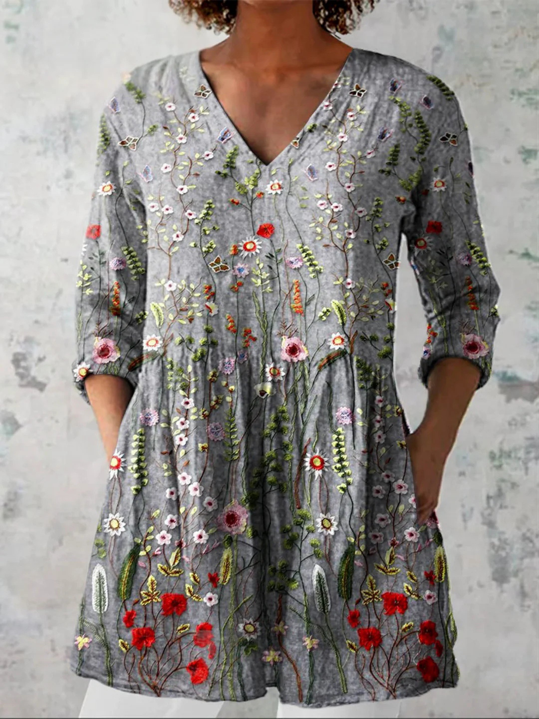 Summer Casual Printed Loose-Fit V-Neck Slub Linen Dress