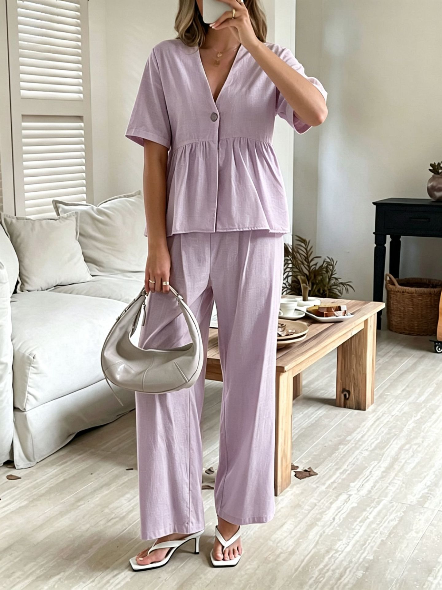 Linea Soft Set – Basque Blouse &amp; Wide Linen Cotton Pants