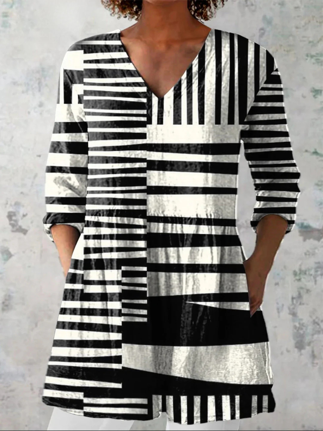 Summer Casual Printed Loose-Fit V-Neck Slub Linen Dress