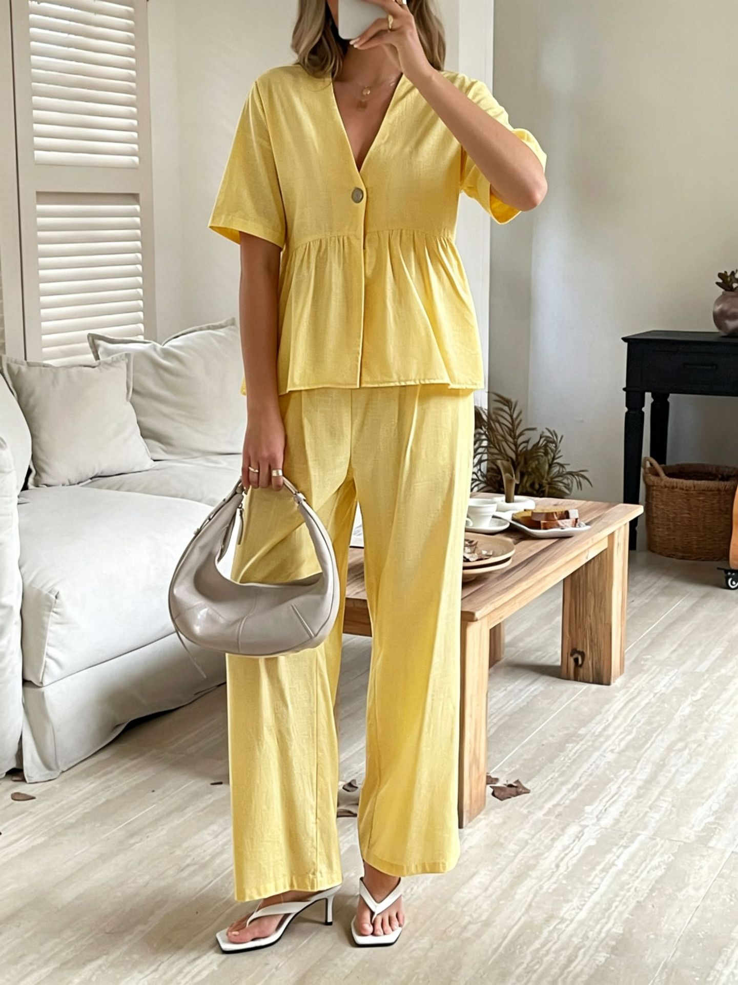 Linea Soft Set – Basque Blouse &amp; Wide Linen Cotton Pants